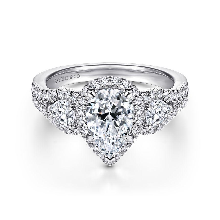 14k white gold pear shape three stone halo diamond engagement ring