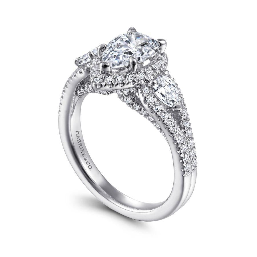 14k white gold pear shape three stone halo diamond engagement ring
