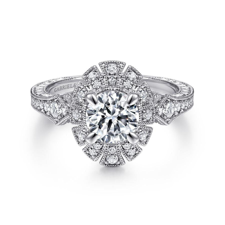 unique 14k white gold art deco halo diamond engagement ring