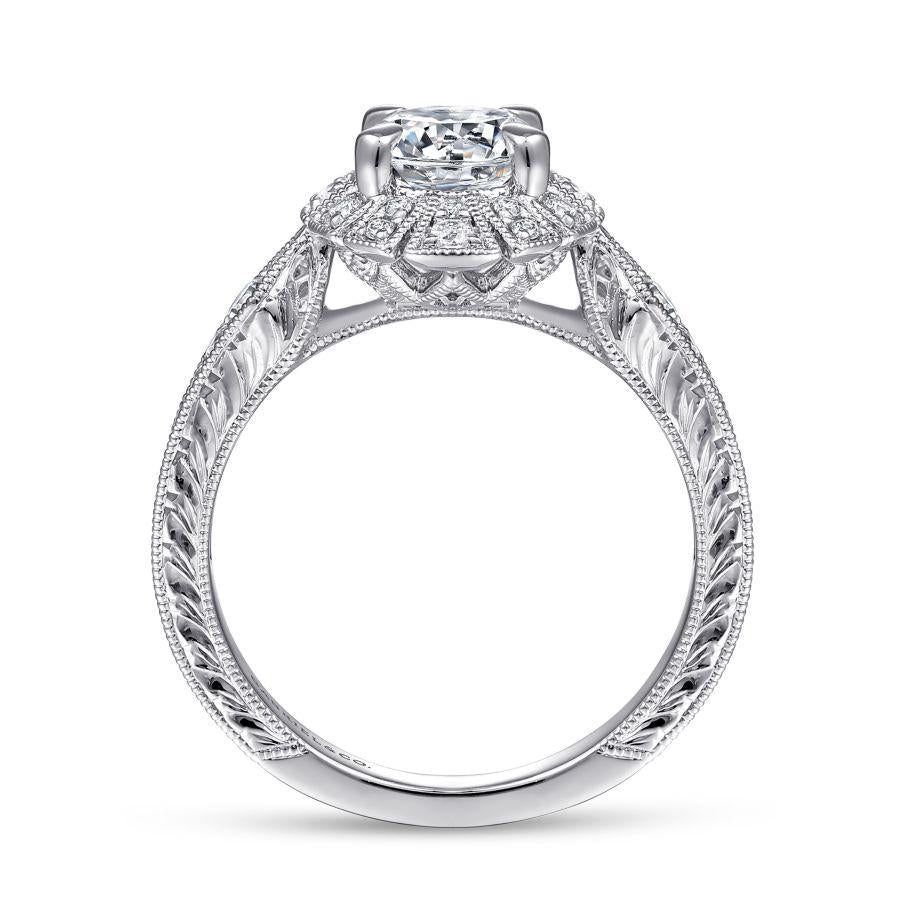 unique 14k white gold art deco halo diamond engagement ring