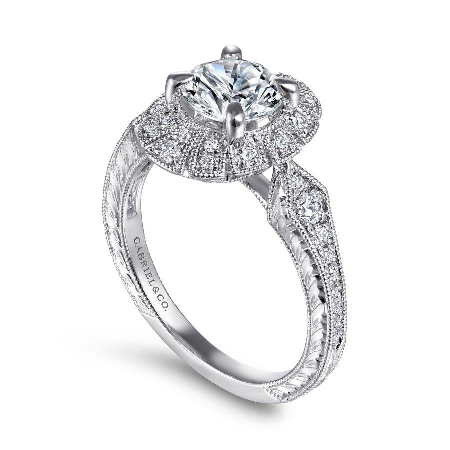 unique 14k white gold art deco halo diamond engagement ring