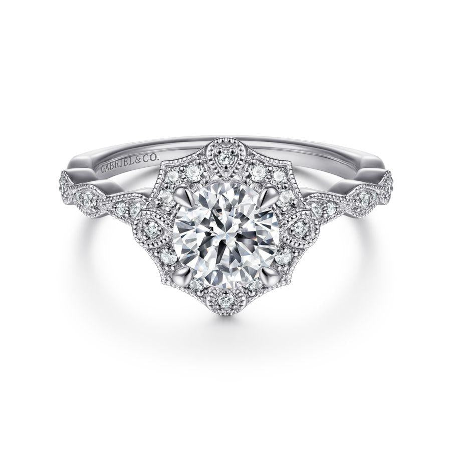 unique 14k white gold art deco halo diamond engagement ring