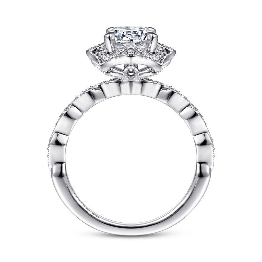 unique 14k white gold art deco halo diamond engagement ring