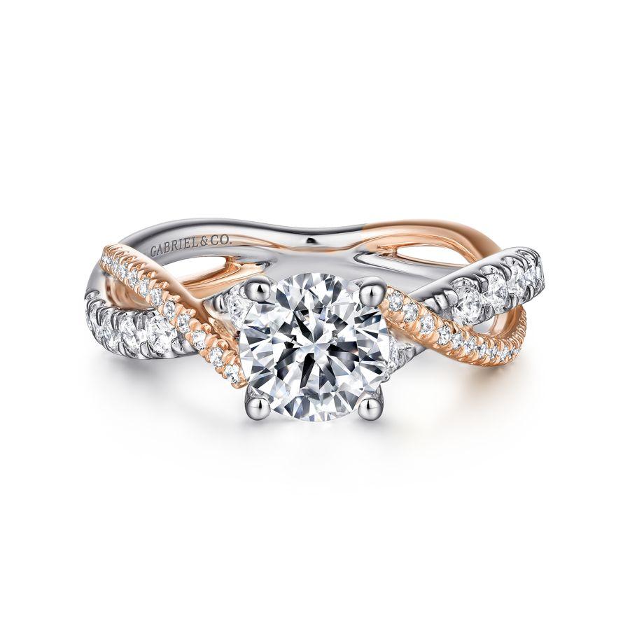 14k white-rose gold round diamond twisted engagement ring