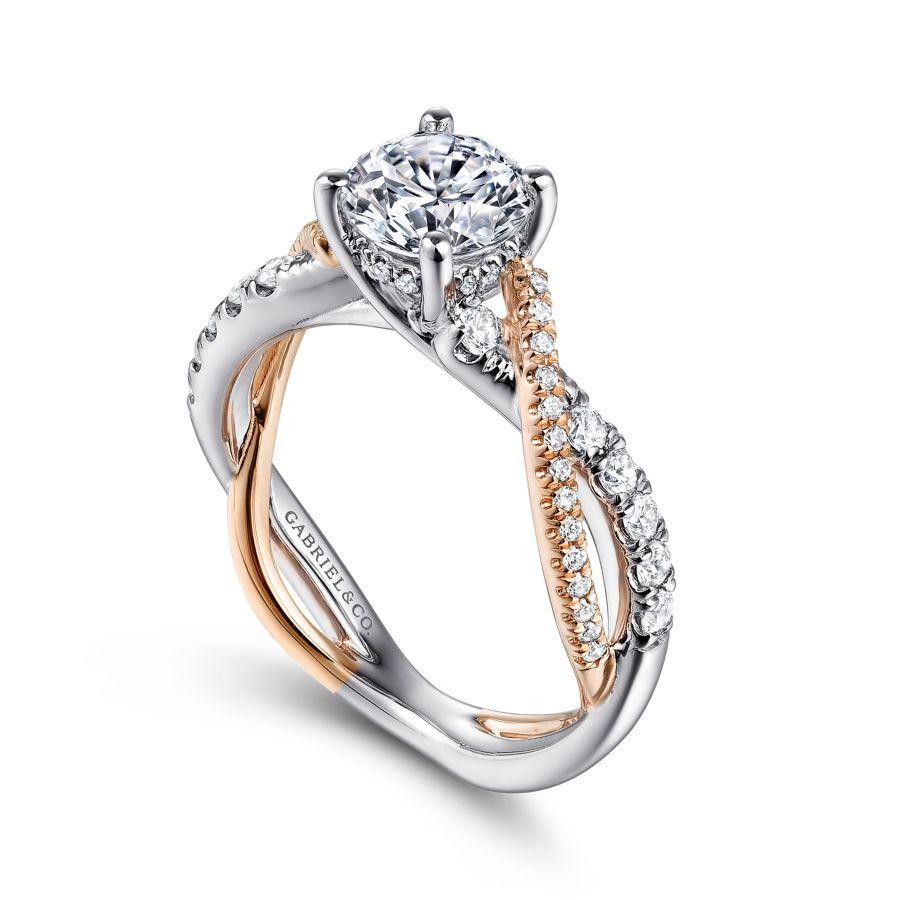 14k white-rose gold round diamond twisted engagement ring