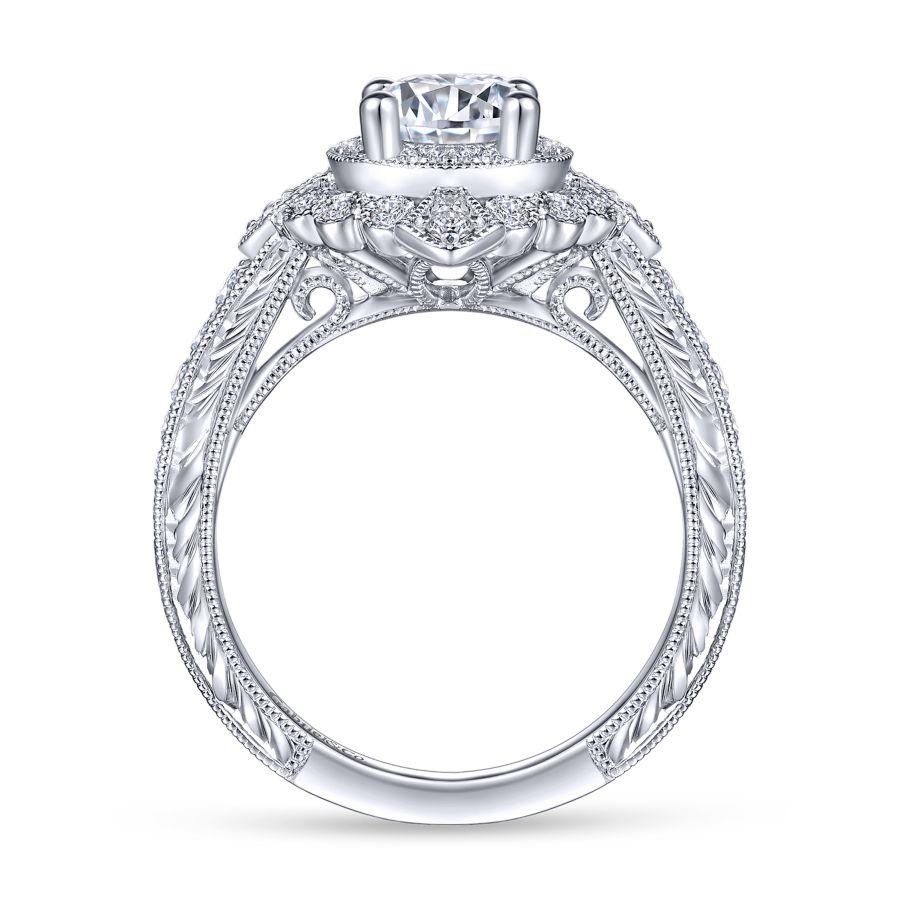 vintage inspired 14k white gold round double halo diamond engagement ring