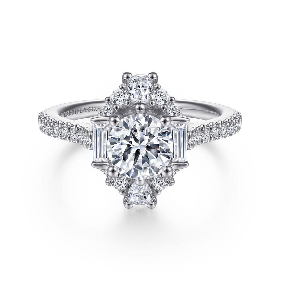 unique 14k white gold art deco halo diamond engagement ring
