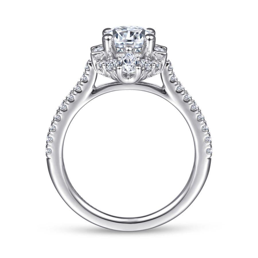 unique 14k white gold art deco halo diamond engagement ring