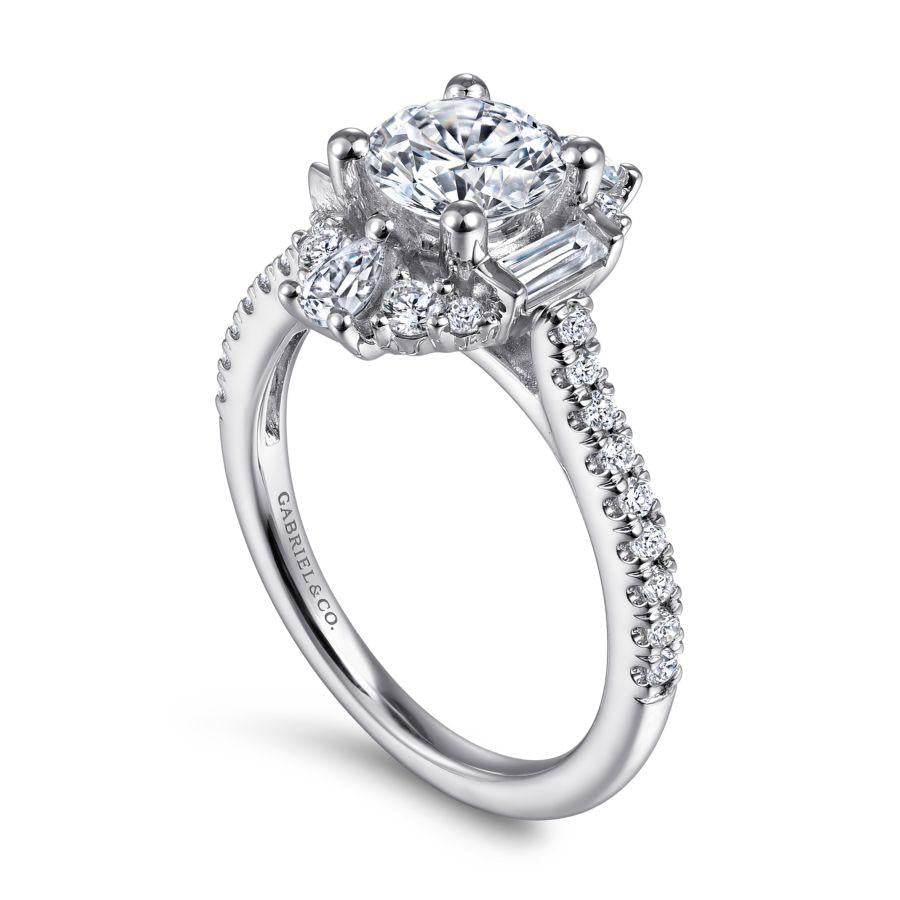 unique 14k white gold art deco halo diamond engagement ring
