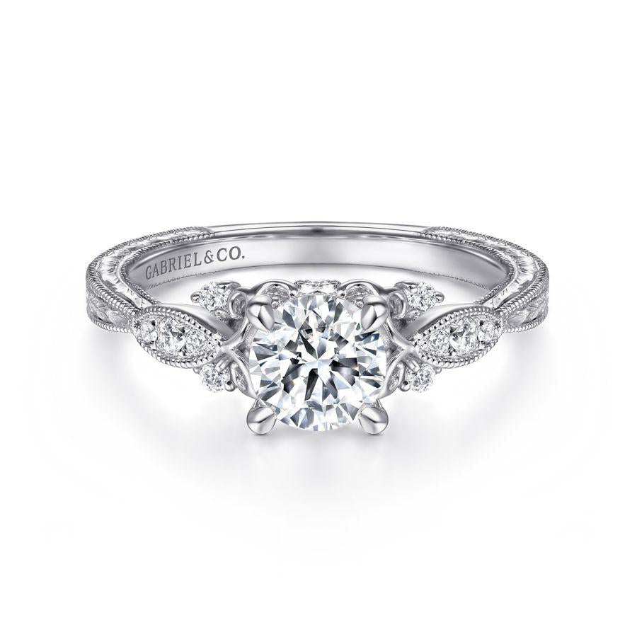 vintage inspired 14k white gold round diamond engagement ring