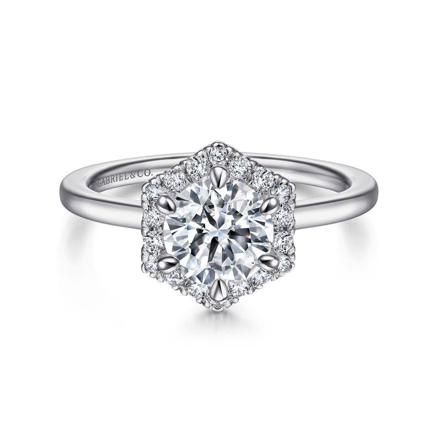 14k white gold hexagonal halo round diamond engagement ring