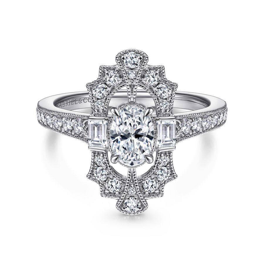 art deco 14k white gold oval halo diamond engagement ring