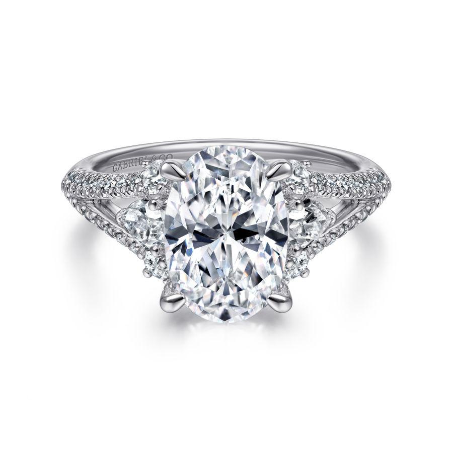 14k white gold oval three stone diamond engagement ring