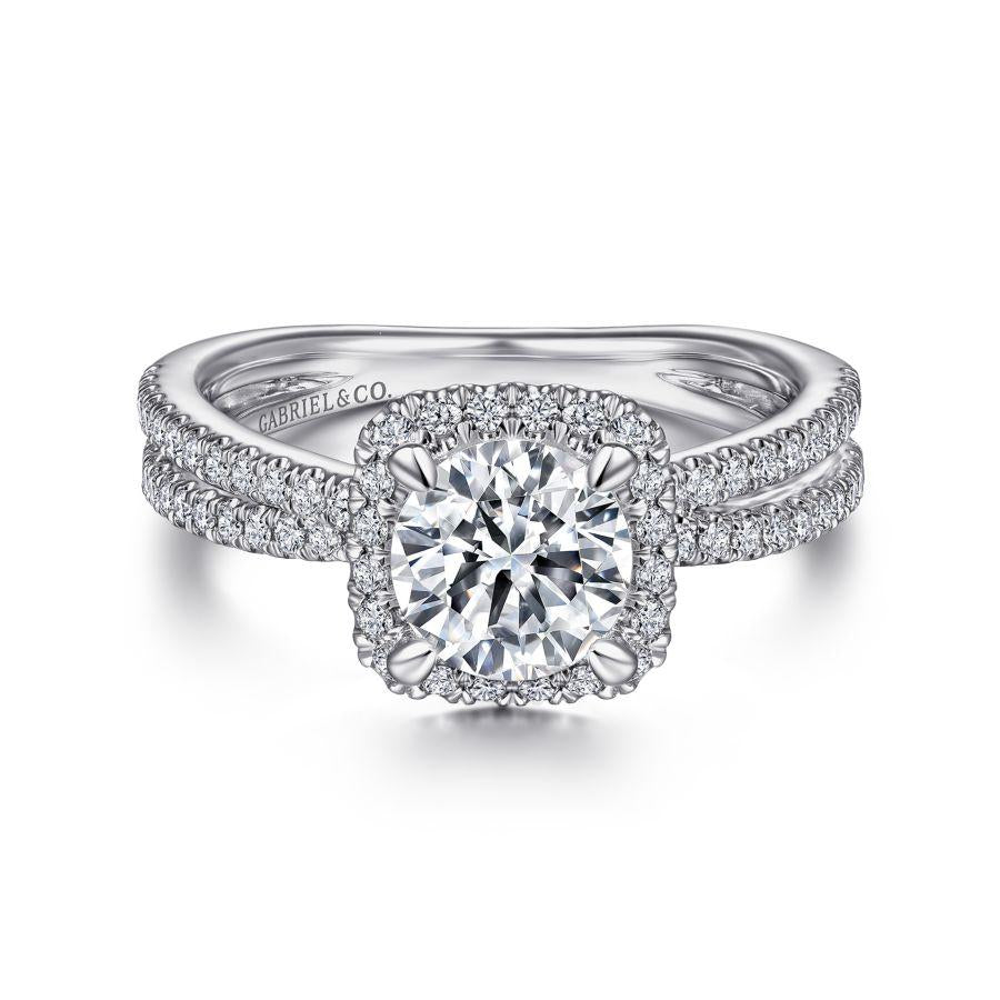 14k white gold cushion halo round diamond engagement ring