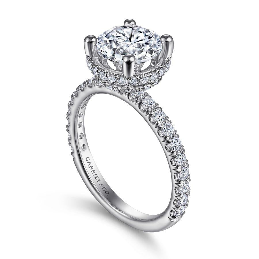 14k white gold hidden halo round diamond engagement ring