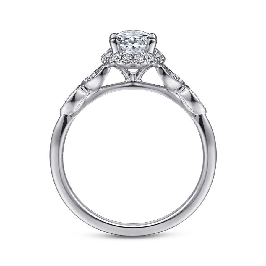 vintage inspired 14k white gold oval halo diamond engagement ring