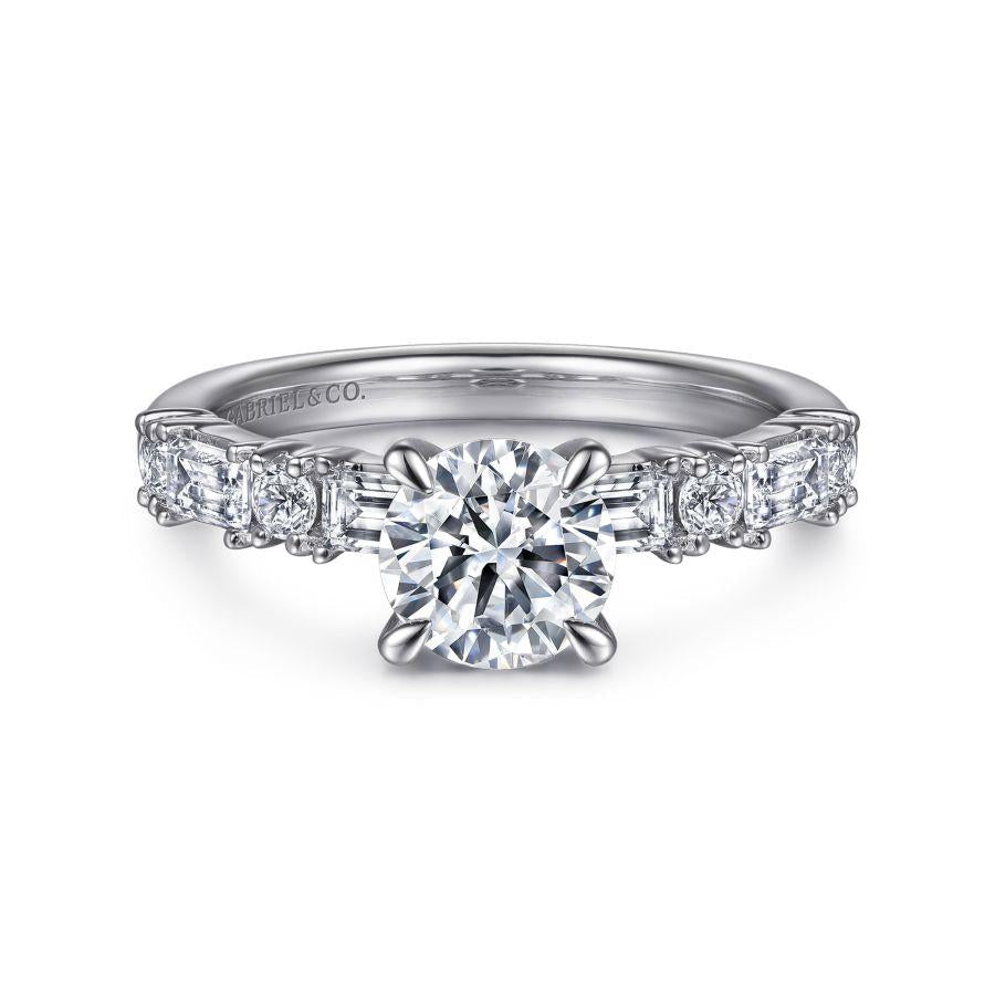 14k white gold baguette and round diamond engagement ring