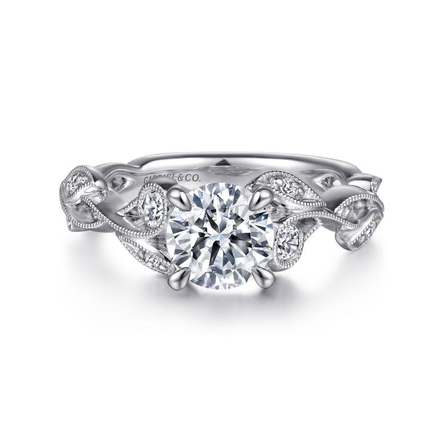 14k white gold floral round diamond engagement ring