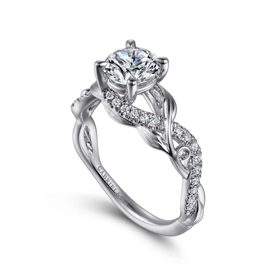 14k white gold floral round diamond engagement ring