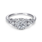 14k white gold round three stone halo diamond engagement ring