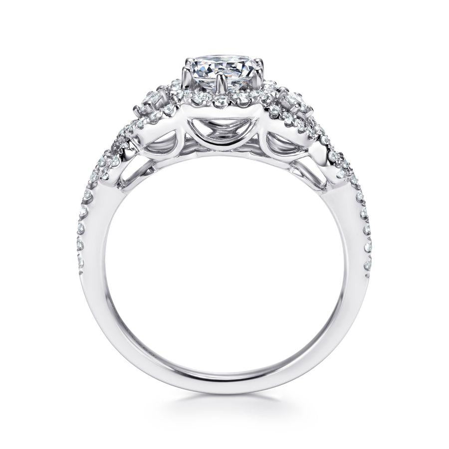 14k white gold round three stone halo diamond engagement ring