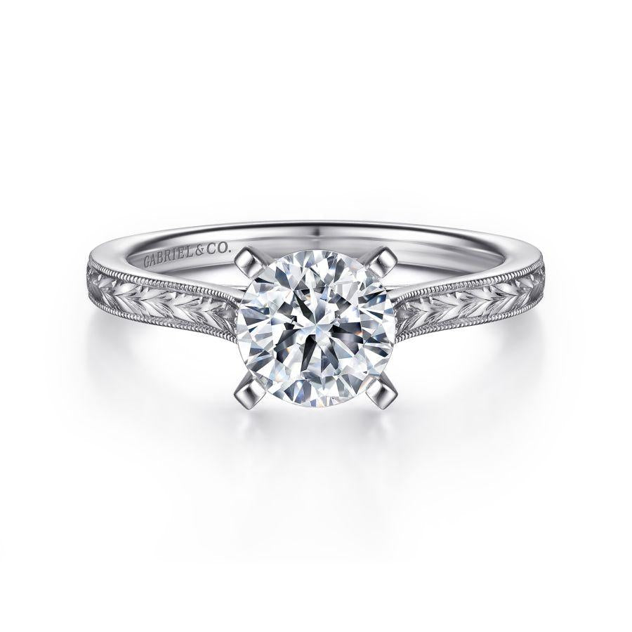 vintage inspired 14k white gold round solitaire engagement ring