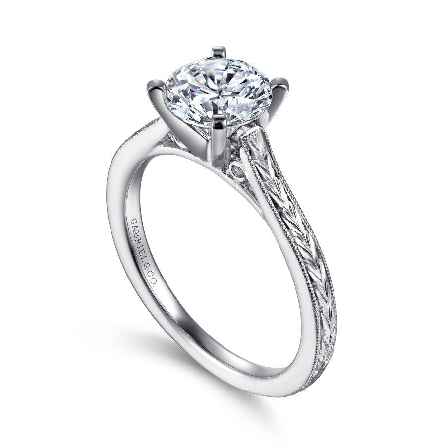 vintage inspired 14k white gold round solitaire engagement ring