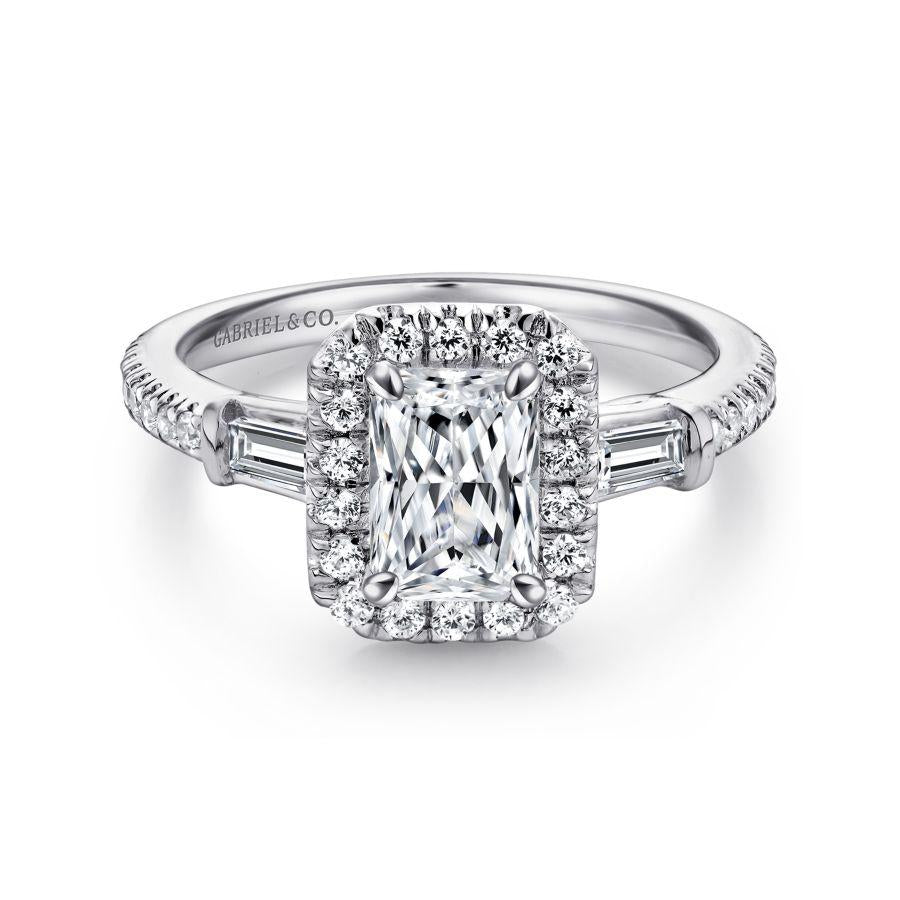 14k white gold three stone halo emerald cut diamond engagement ring