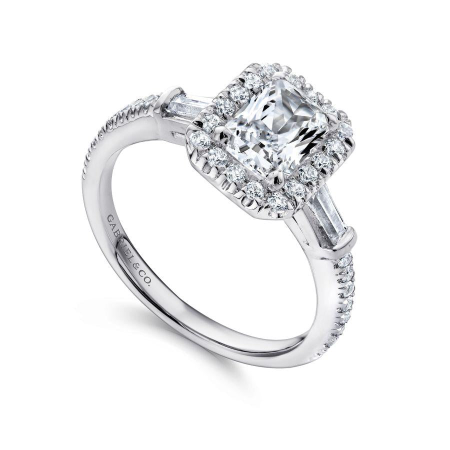 14k white gold three stone halo emerald cut diamond engagement ring