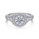 vintage inspired 14k white gold cushion halo round diamond engagement ring