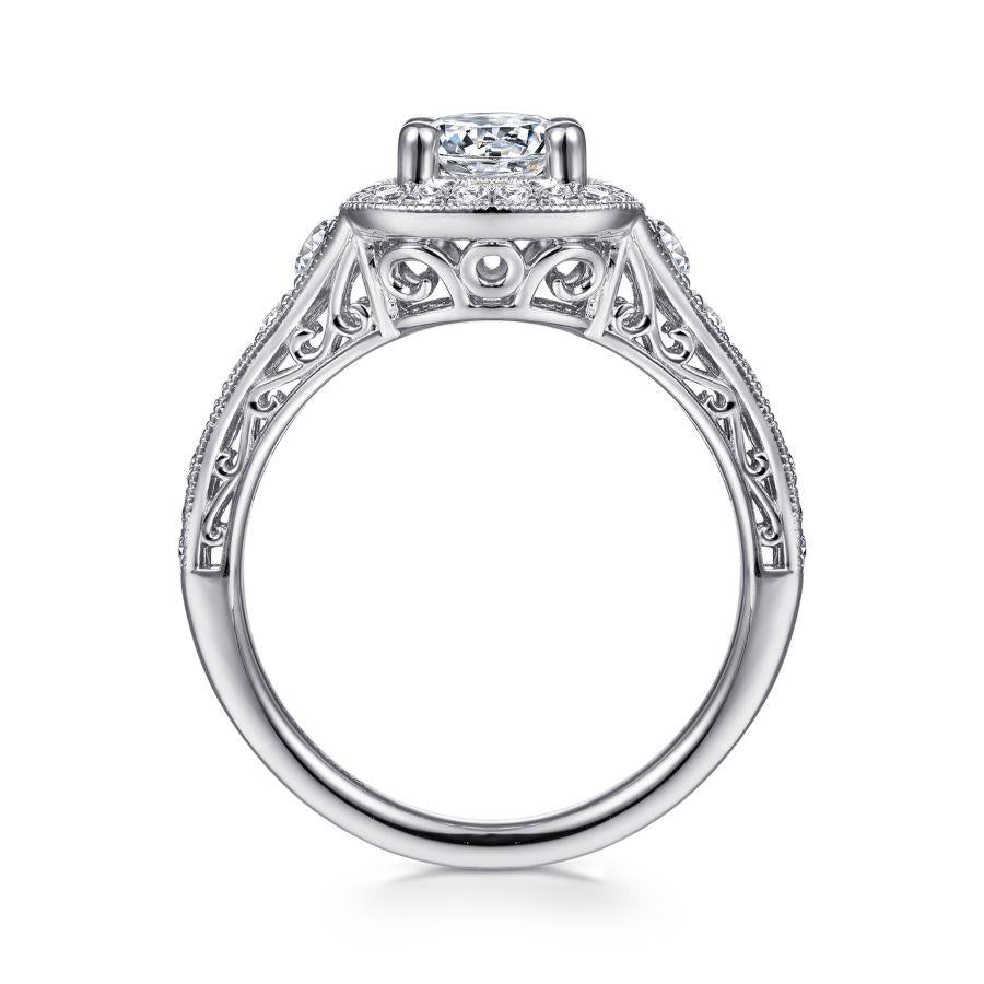 vintage inspired 14k white gold cushion halo round diamond engagement ring