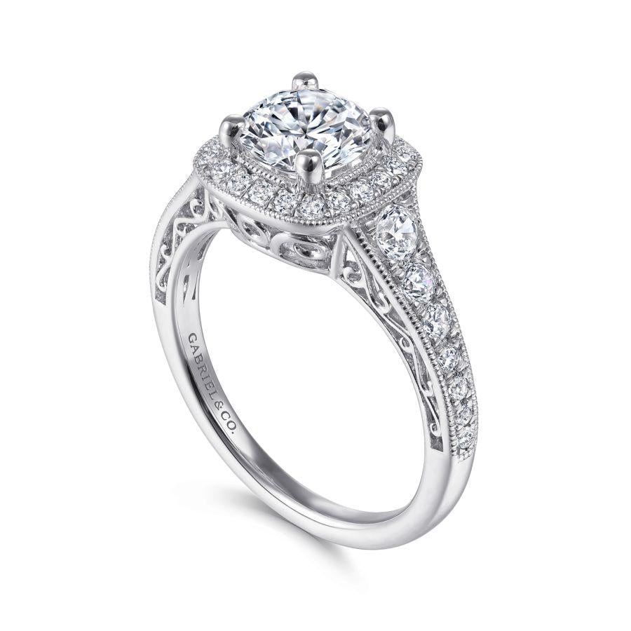 vintage inspired 14k white gold cushion halo round diamond engagement ring
