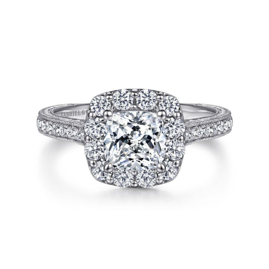vintage inspired 14k white gold cushion halo diamond engagement ring