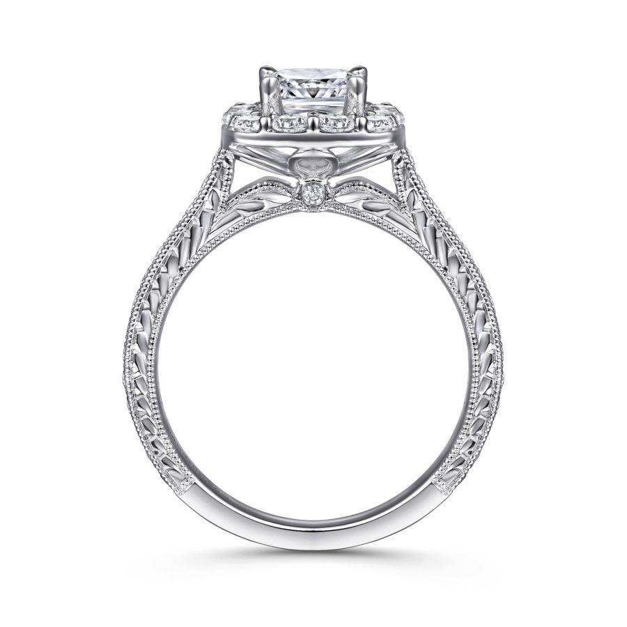 vintage inspired 14k white gold cushion halo diamond engagement ring