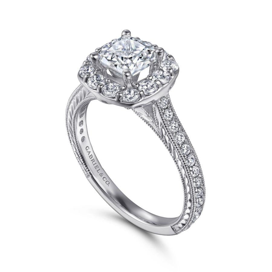 vintage inspired 14k white gold cushion halo diamond engagement ring