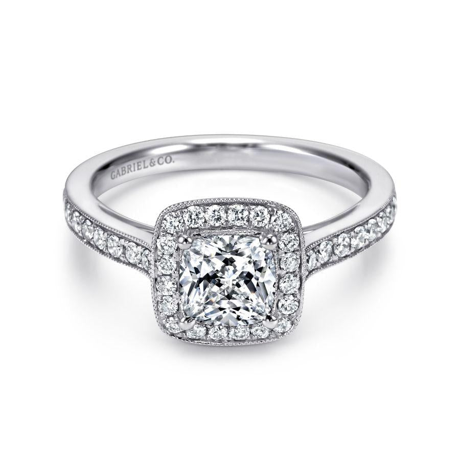 vintage inspired 14k white gold cushion halo diamond engagement ring