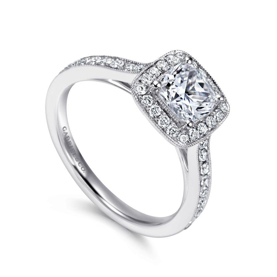 vintage inspired 14k white gold cushion halo diamond engagement ring