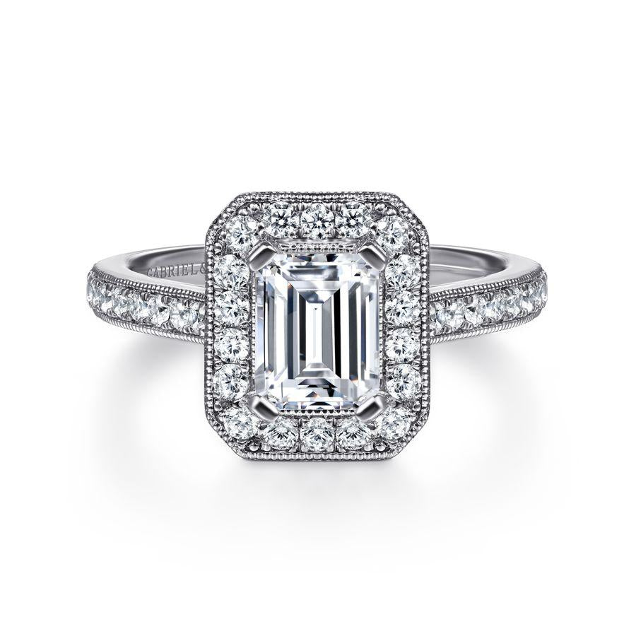 vintage inspired 14k white gold emerald halo diamond engagement ring