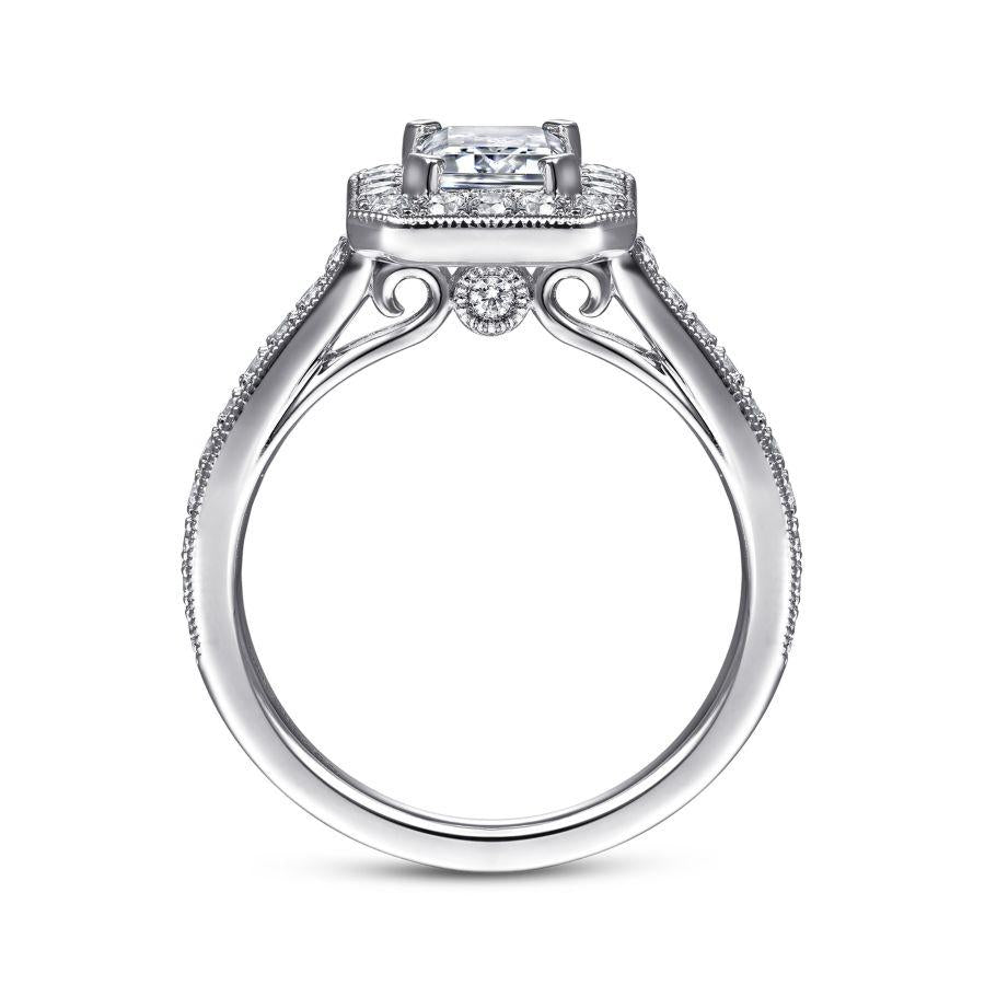 vintage inspired 14k white gold emerald halo diamond engagement ring