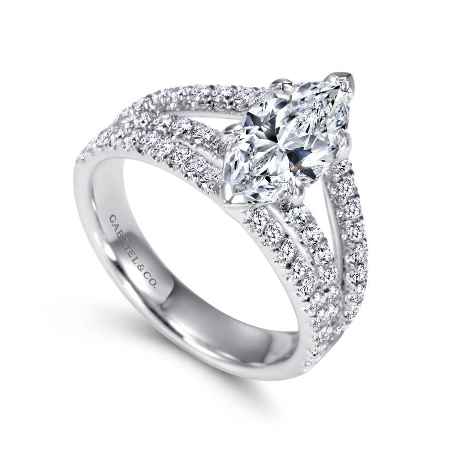 14k white gold marquise shape split shank diamond engagement ring