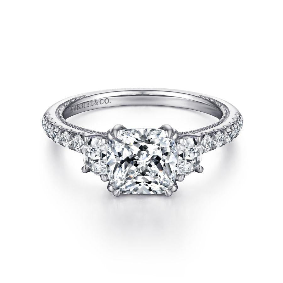 14k white gold cushion cut three stone diamond engagement ring