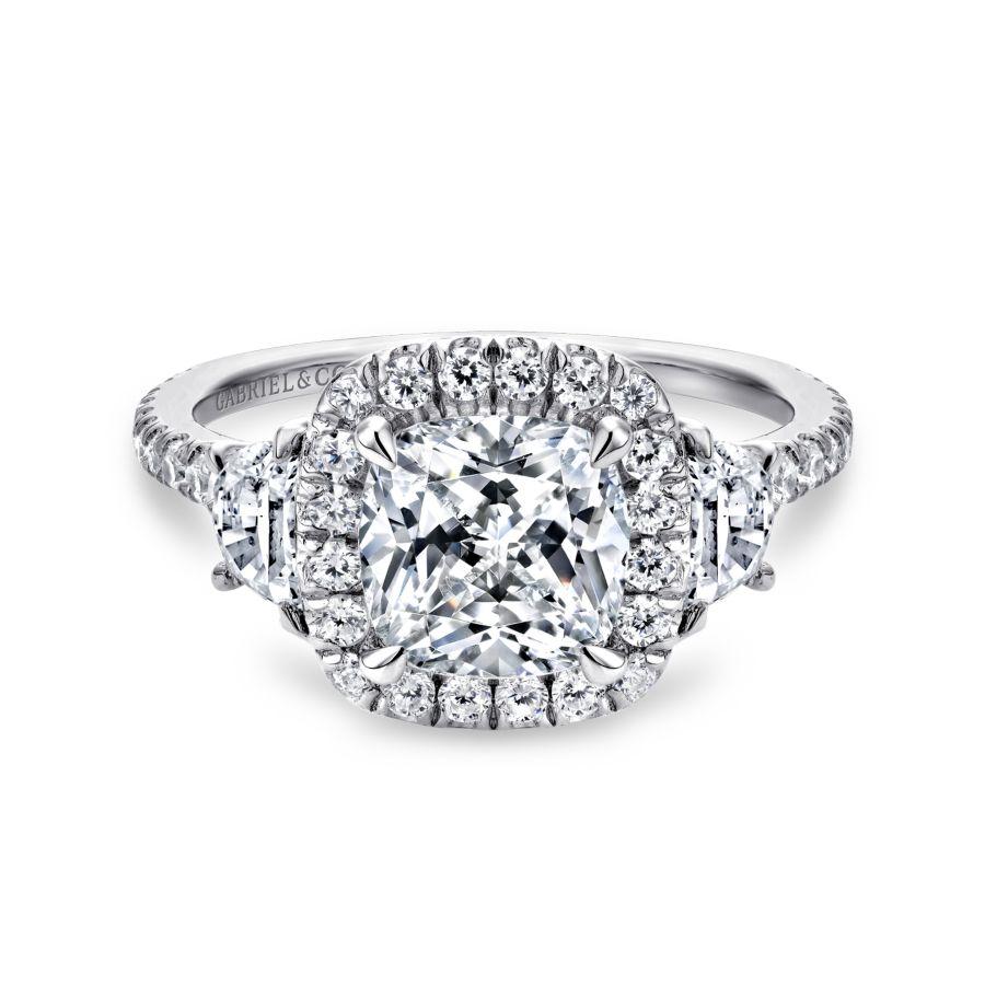 14k white gold cushion three stone halo diamond engagement ring