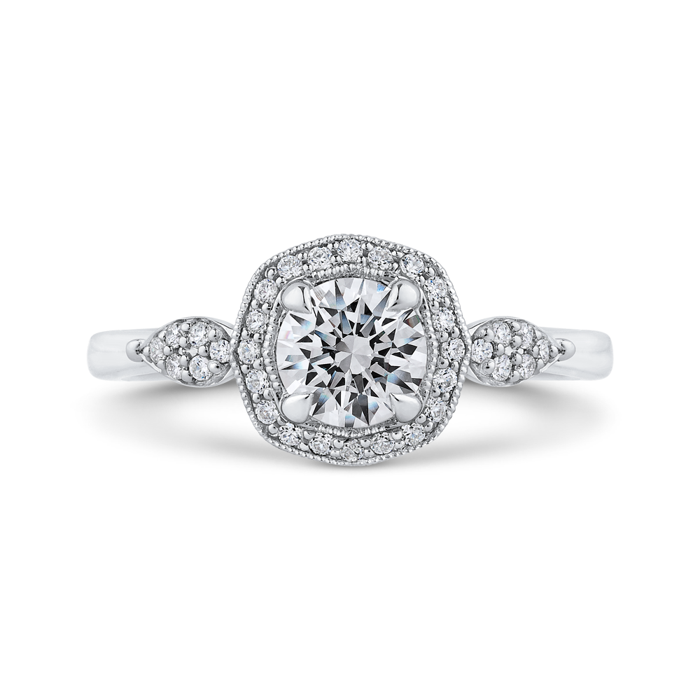 14k white gold round diamond floral halo engagement ring